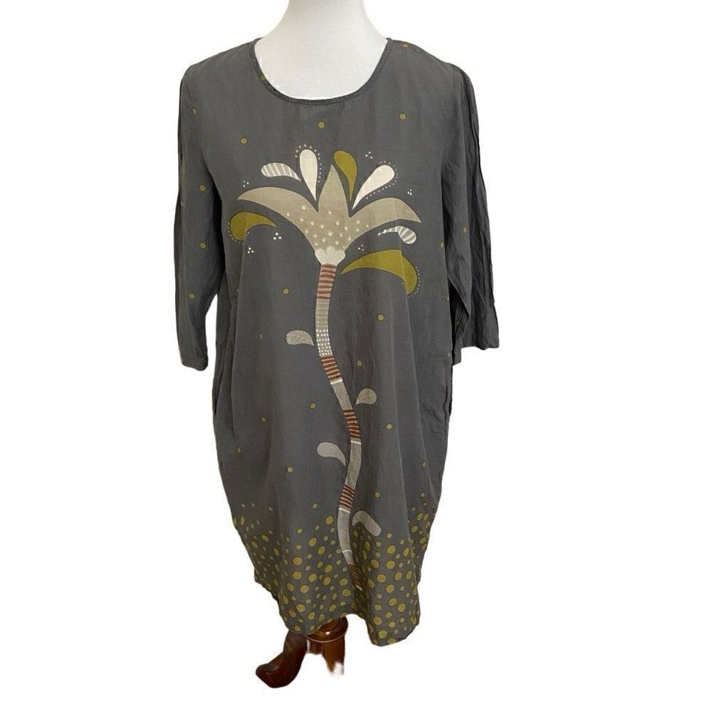 Gudrun Sjoden Gray Floral Tunic Dress Polka Dots 100% Cotton Small